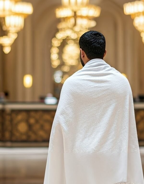 صورة Back,View,Of,Man,Wearing,Umrah,White,Clothes,In,Hotel - المواكب الذهبية